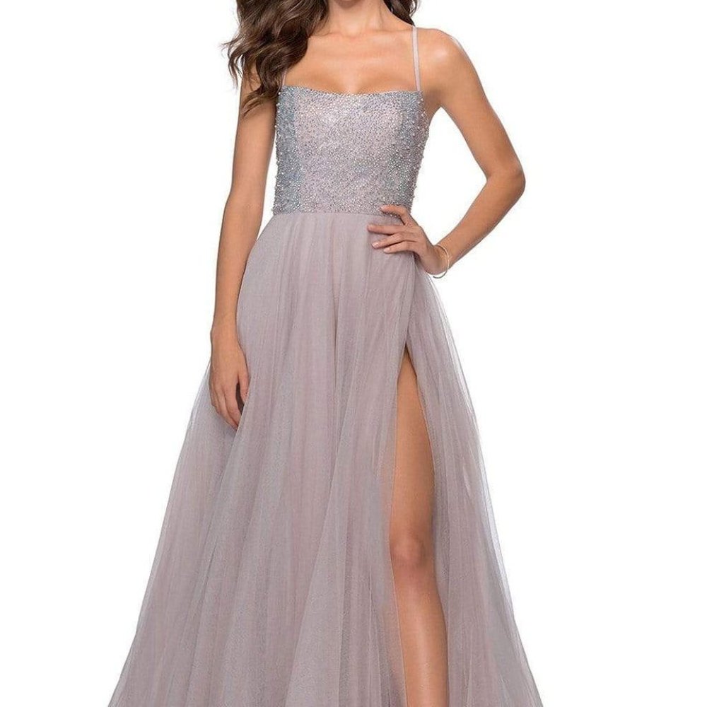 La Femme 28530SC Long Beaded Bodice High Slit Prom Dress in Sizes 0 & 2